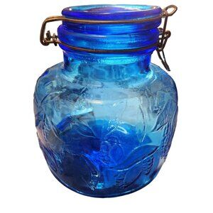 Vintage Blue Glass Canister With Hinged Lid By Pier One Imports Made In Italy Em
